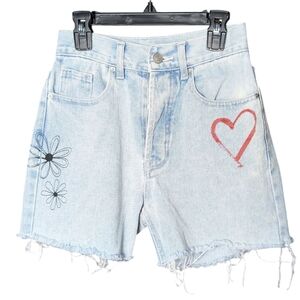Pac Sun Light Blue Denim Shorts Heart Flower Rainbow Design Frayed Hem Like New
